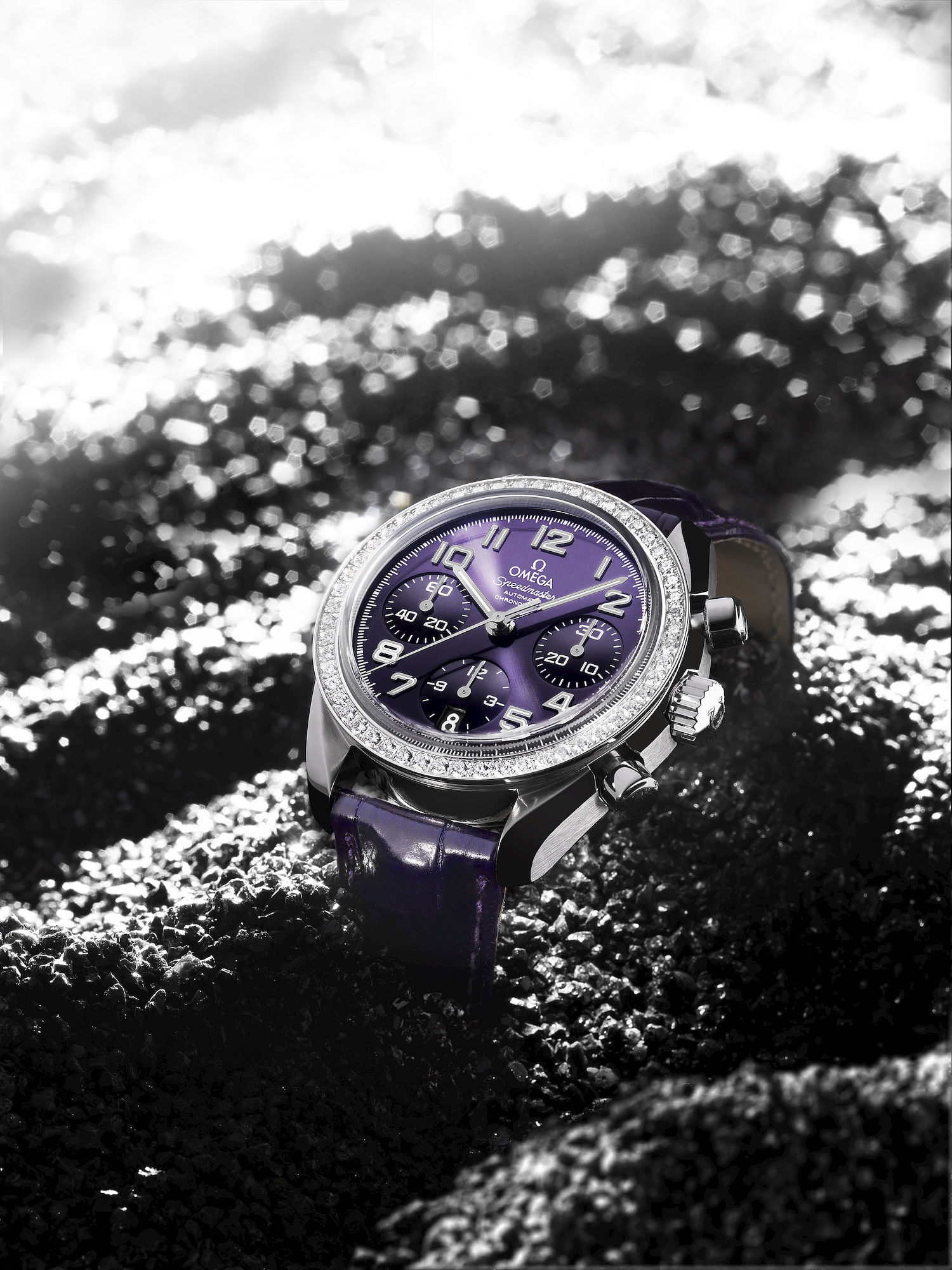 Purple dial diamonds and steel omega speedmaster ladies automatic chronograph replica watch